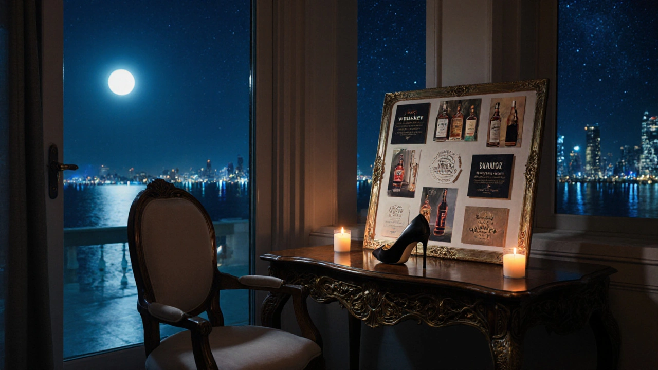 A curated mood board with whiskey, music, and stars on a wooden table, a single high heel beside an empty chair.