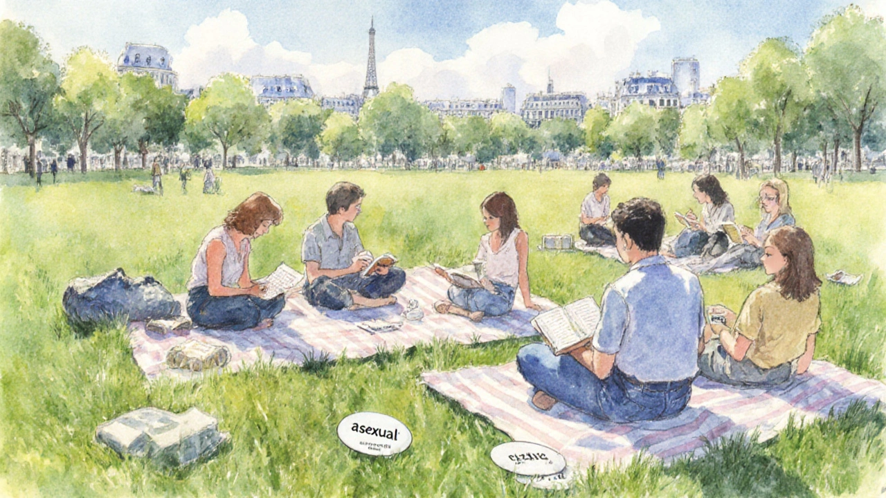 A quiet picnic in Parc de la Villette with people relaxing under the summer sky, some wearing subtle asexual pins.
