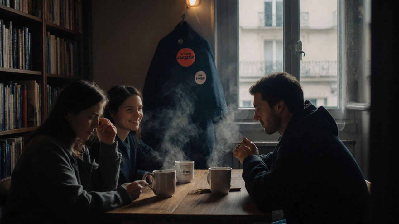 A small group sitting in silence around a table in a bookstore room, sipping coffee in peaceful solidarity.