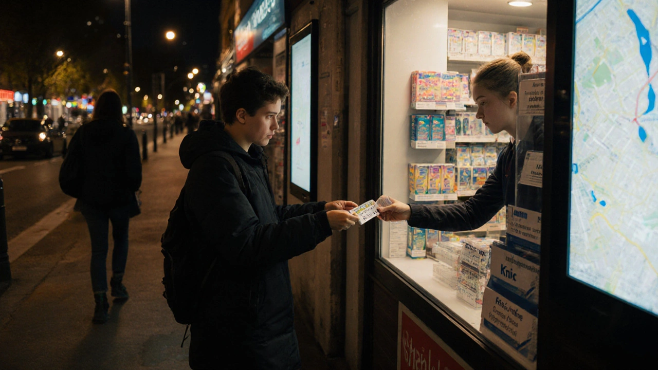 A teen receiving free contraception from a pharmacist in a well-lit Paris pharmacy at night.