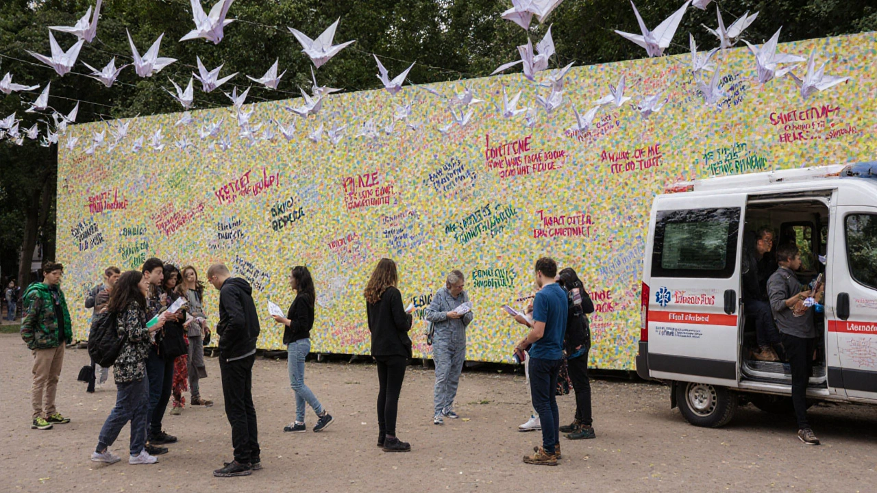 A wall covered in handwritten sticky notes at a sexual health festival in Parc de la Villette, Paris.