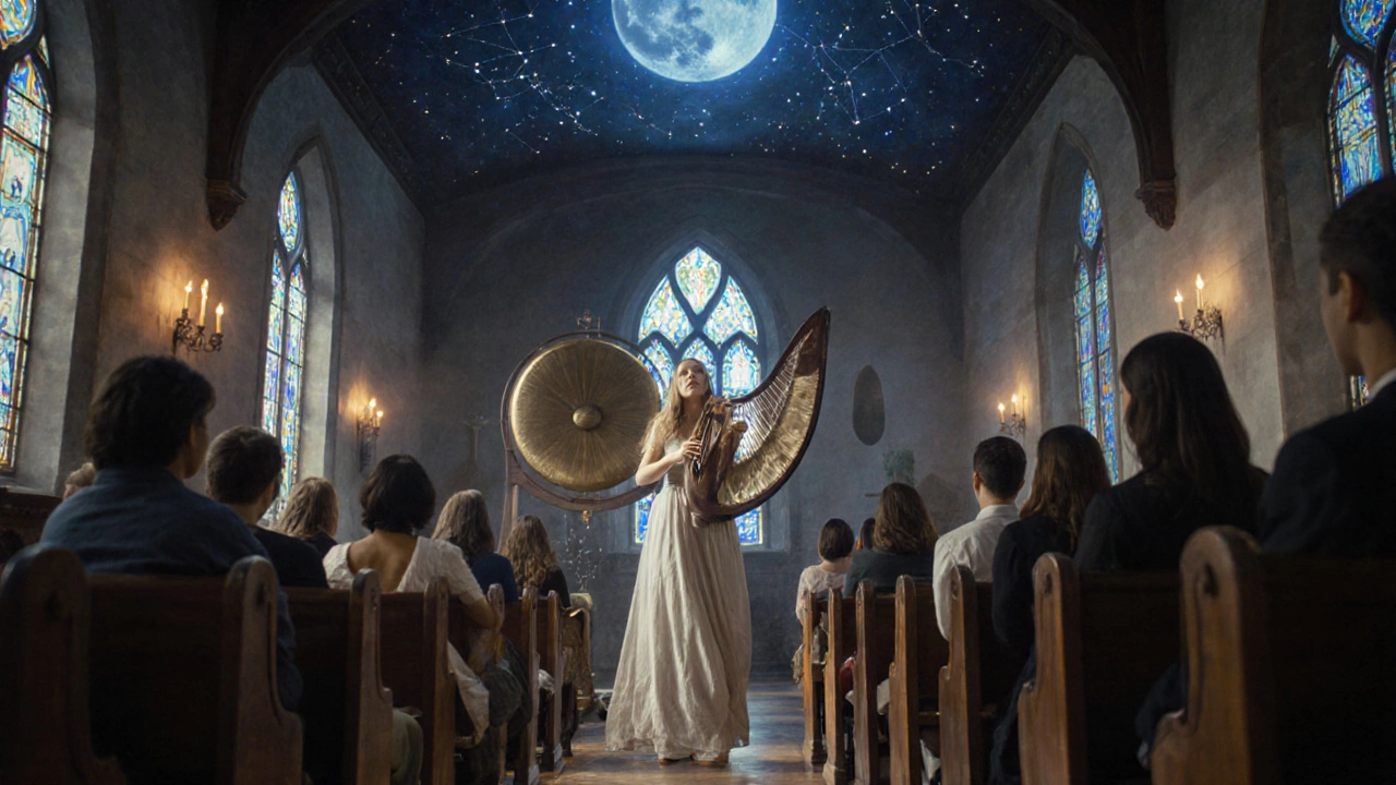 A woman playing a hurdy-gurdy in a chapel ceiling painted with shifting stars, surrounded by silent listeners.