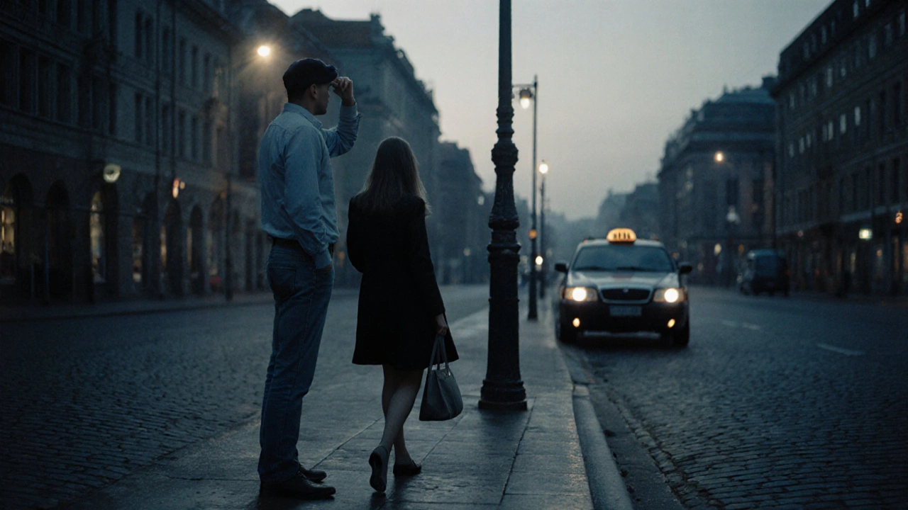 A woman walks away at dawn in Riga as a man stands respectfully under a streetlamp, tipping his cap in farewell.