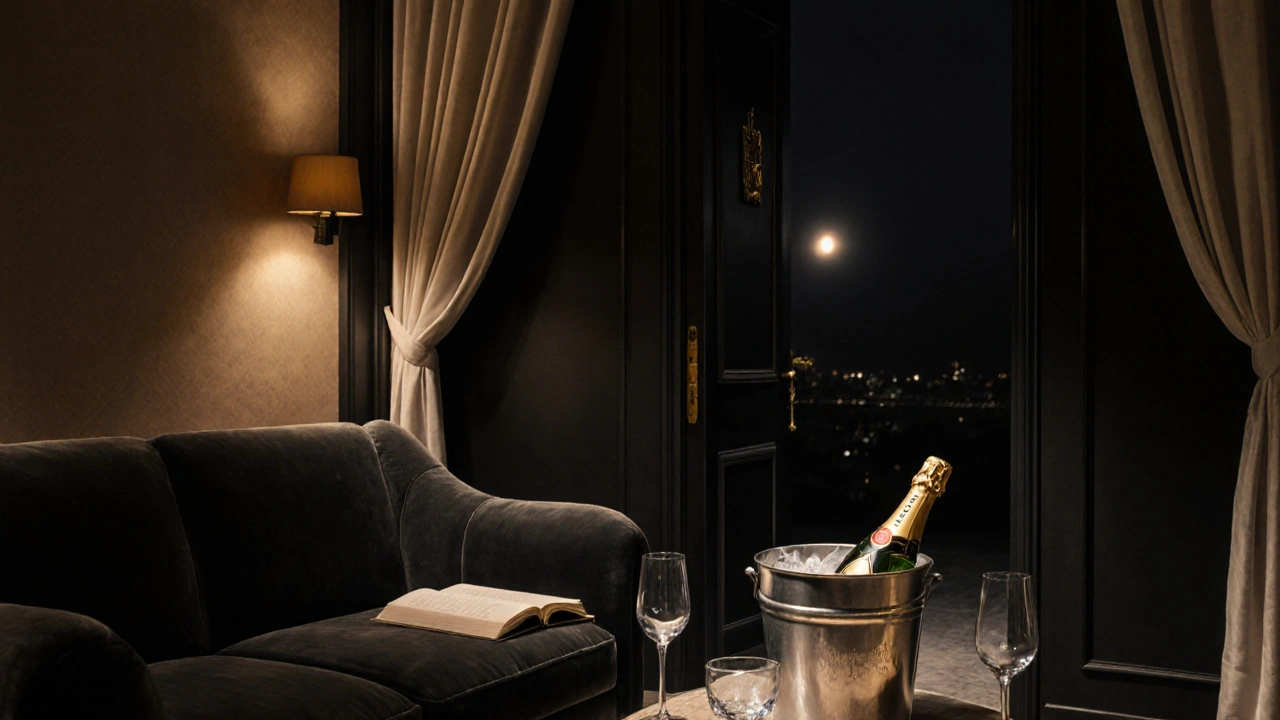 An exclusive hidden lounge with a chilled bottle of champagne, soft lighting, and empty furniture, conveying quiet luxury.