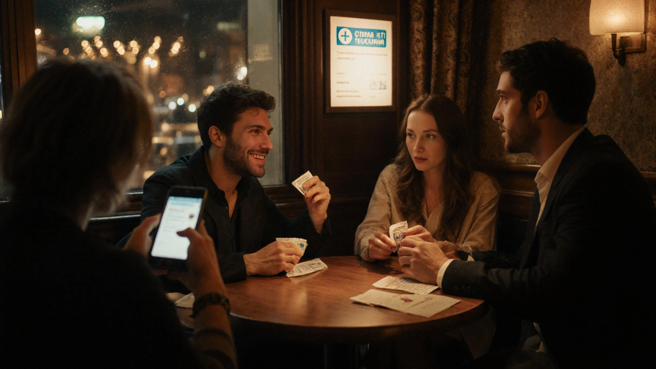 Couple in a lit Paris bar holding condoms, with a check‑in text notification nearby.