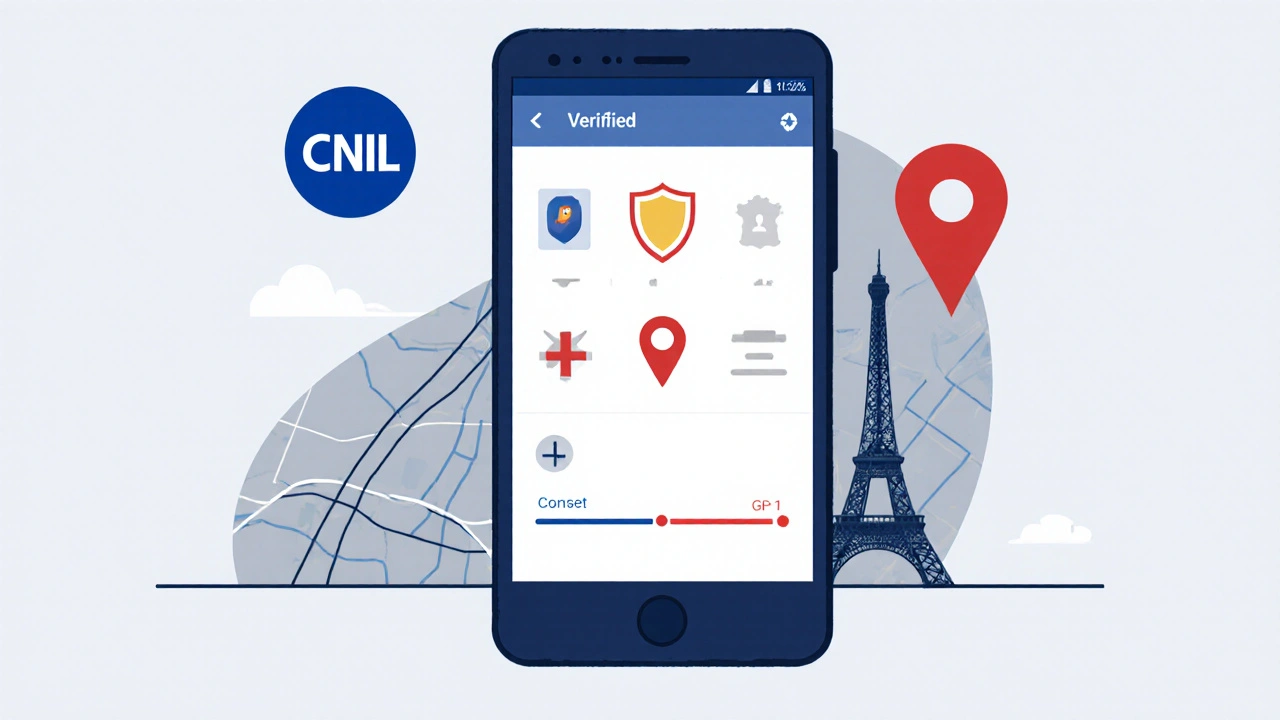 Flat illustration of a phone showing privacy and verification icons with French symbols.