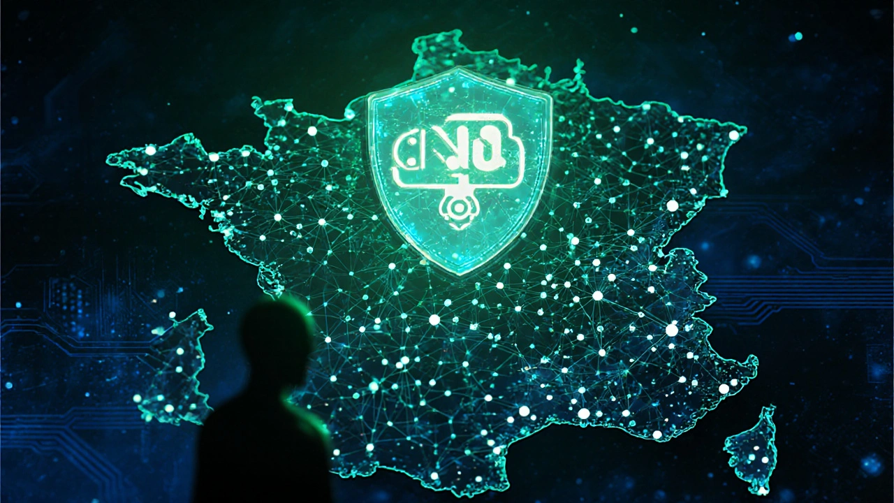 Futuristic AI matchmaking map of France with a user holding a privacy shield.