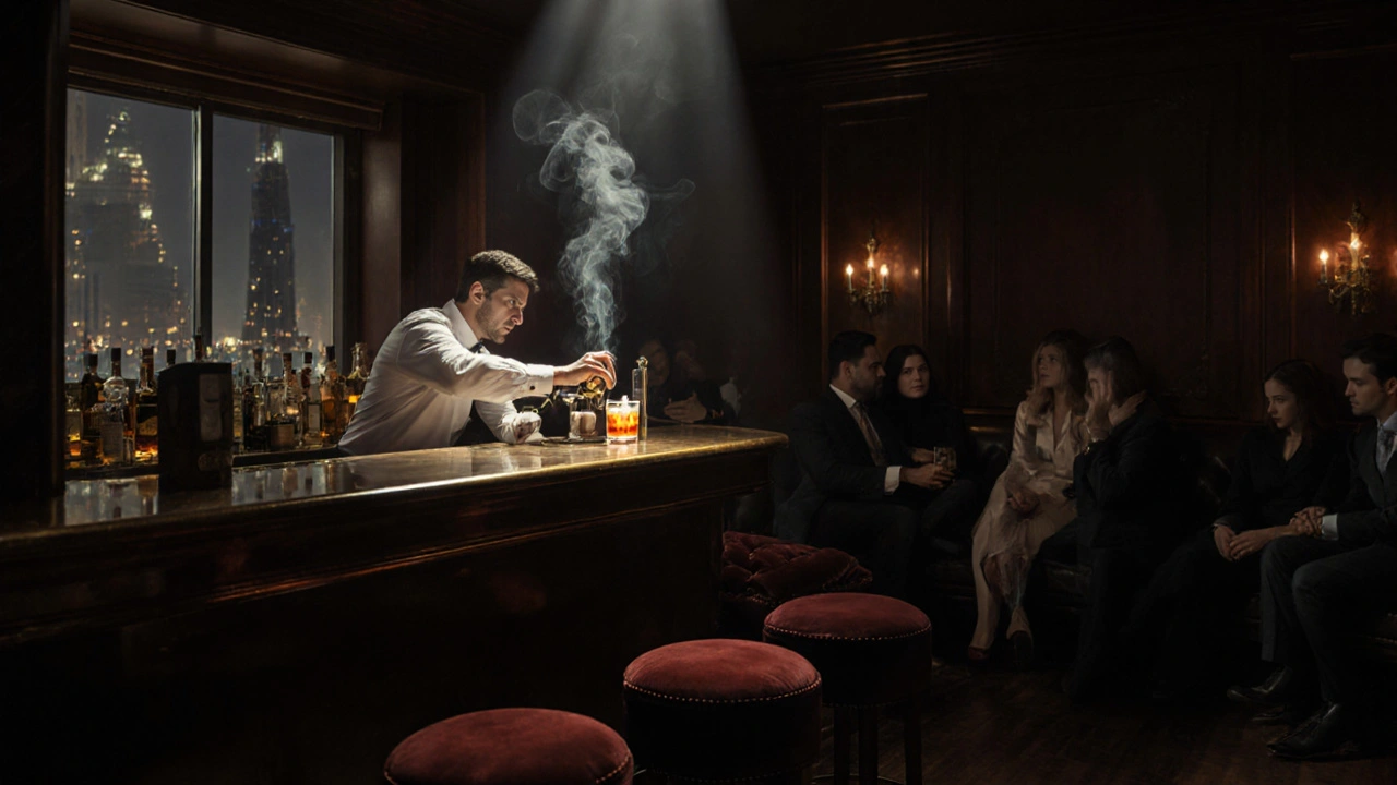 Interior of a dark jazz lounge with a bartender mixing an oud cocktail.