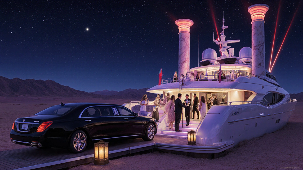 Luxury limo guests board a private yacht, then enter Billionaire Mansion’s laser‑lit opulent hall.