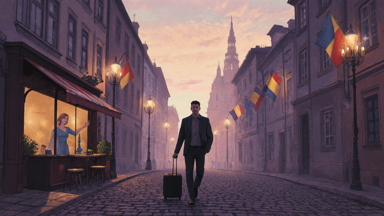 Man walking through Riga’s streets at dusk, woman waving from a café window.