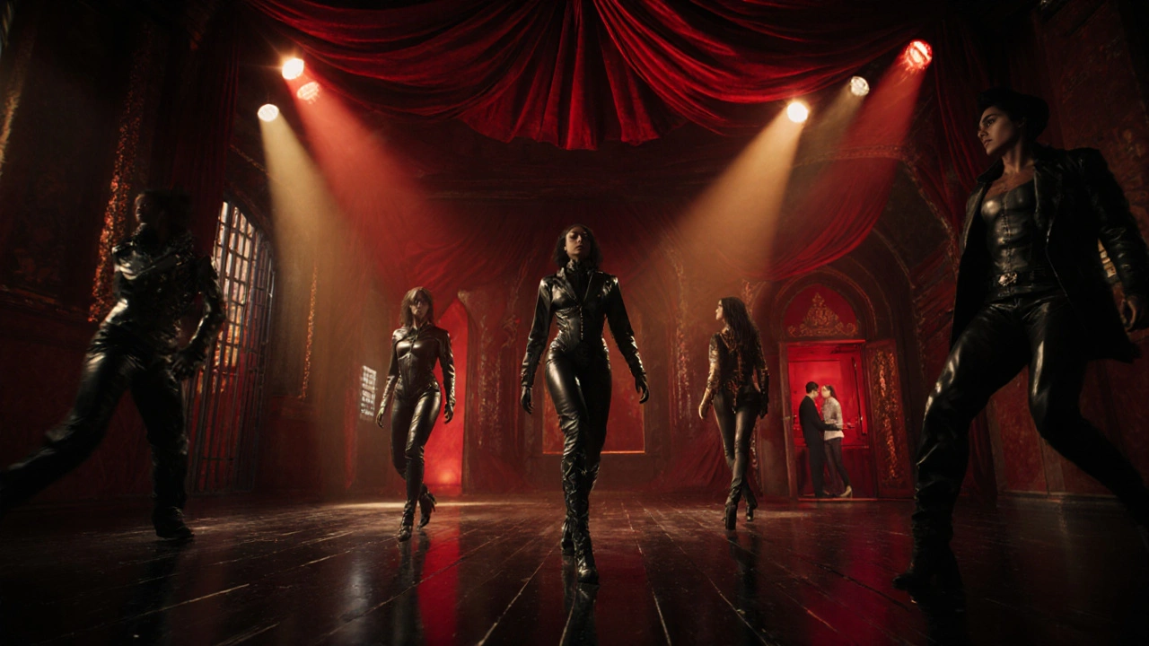 Midnight Leather event in Moulin Rouge basement with dancers in leather under red lights.