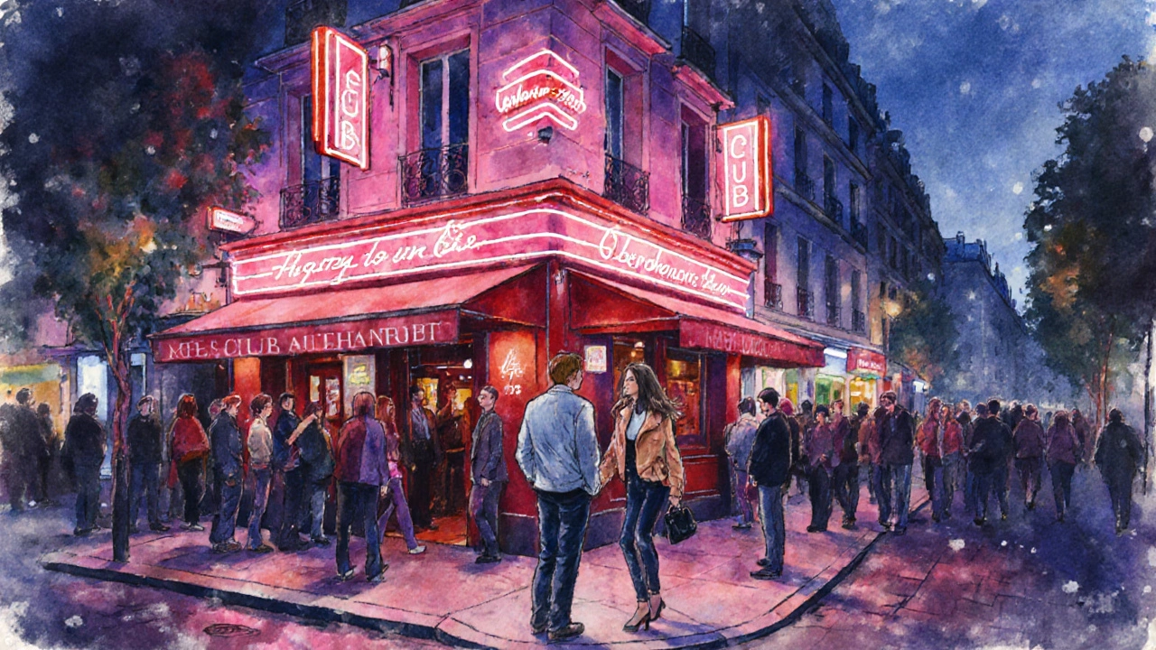 Nighttime street in Oberkampf with neon signs and a flirtatious meeting outside a club.