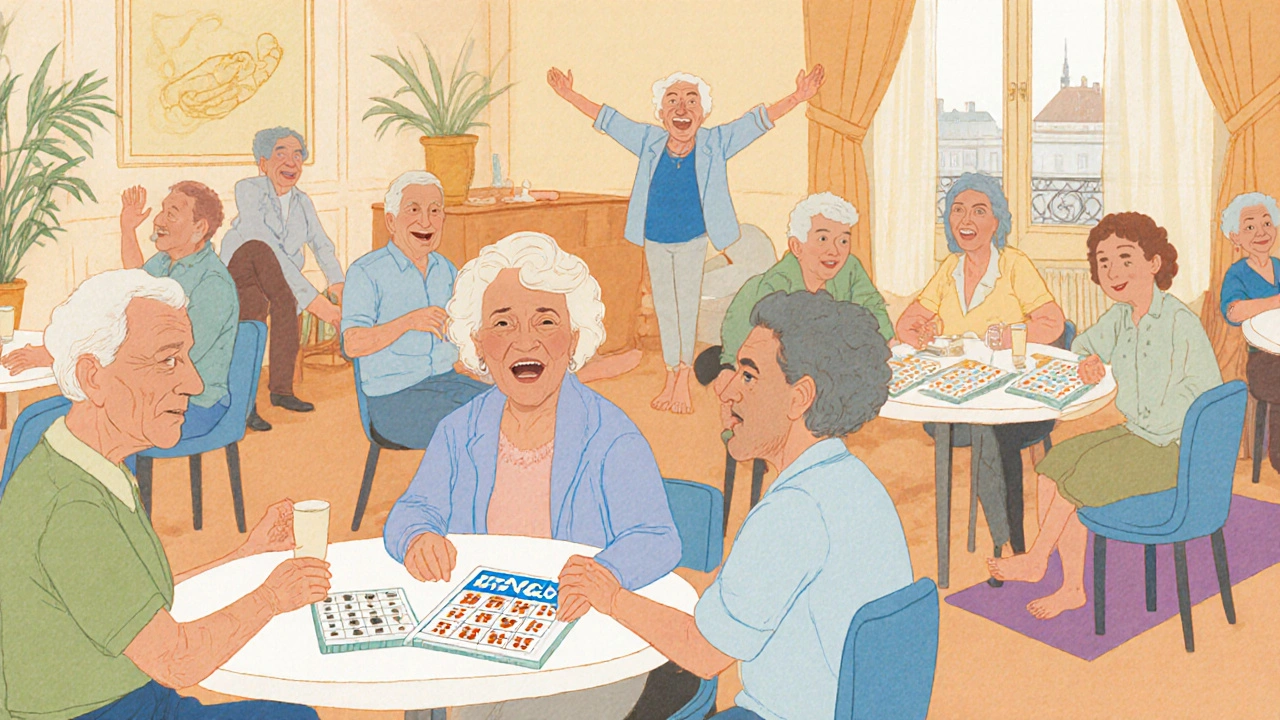 Older adults socializing at a Montparnasse senior club, playing bingo and chatting.
