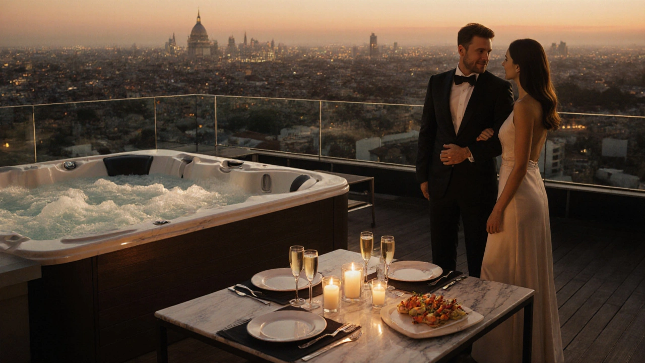 Romantic rooftop terrace at sunset with champagne, jacuzzi, and a couple enjoying conversation.