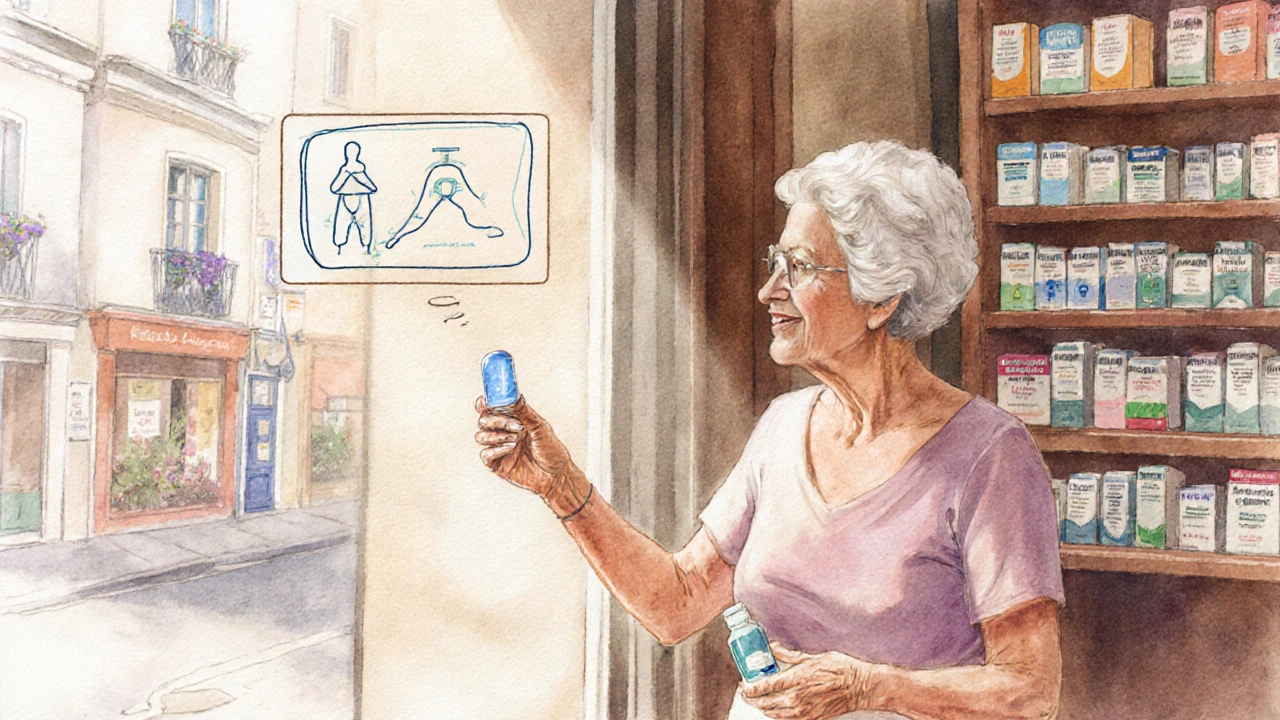 Senior woman in a Paris pharmacy reaching for a bottle of lubricant on a shelf.