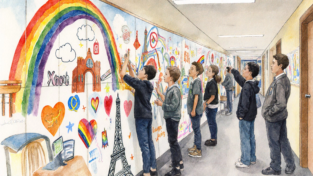 Students painting a rainbow mural in a Paris school hallway during Rainbow Week.