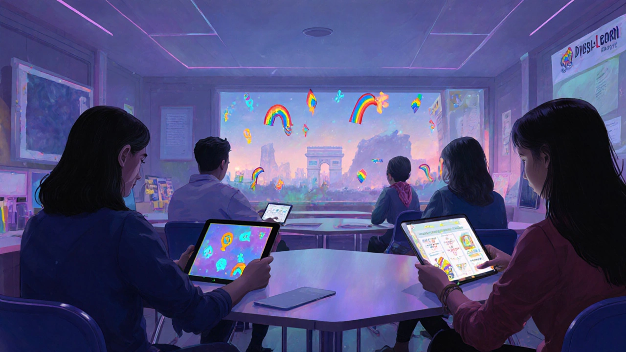 Teens using tablets with a sexual diversity education app in a futuristic Paris high school.