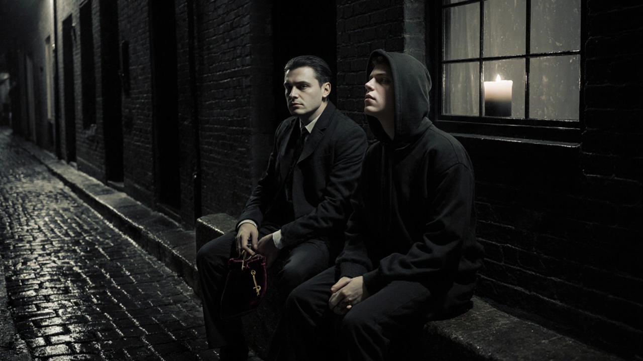 Two strangers sit quietly on a wall outside a mysterious building lit only by a single black candle.