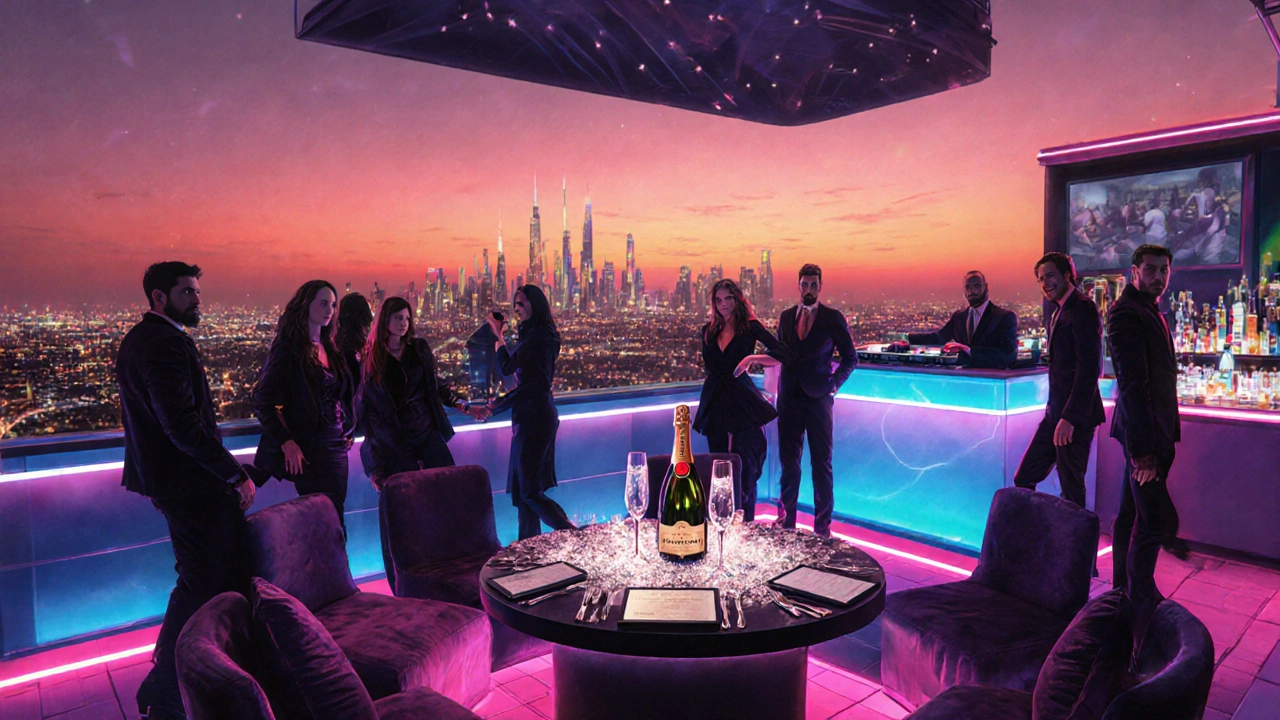 White Dubai rooftop VIP table with velvet seats, Dom Pérignon bottle, and panoramic city lights at dusk.