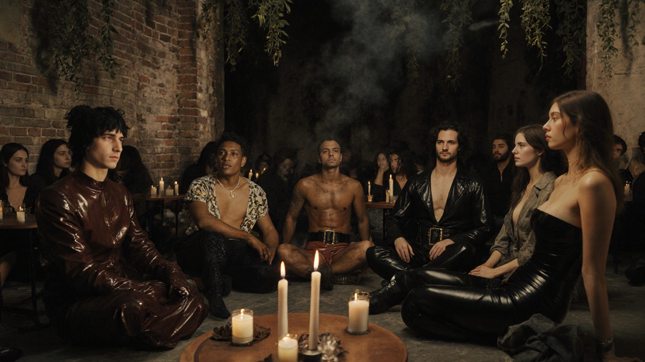 A calm, diverse group gathers in quiet solidarity at a sensory event in a converted warehouse near Canal Saint-Martin.