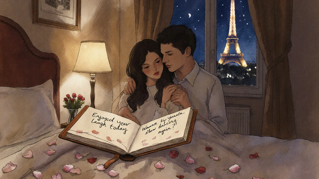 A couple in a bedroom at night, writing in a shared notebook by lamplight.