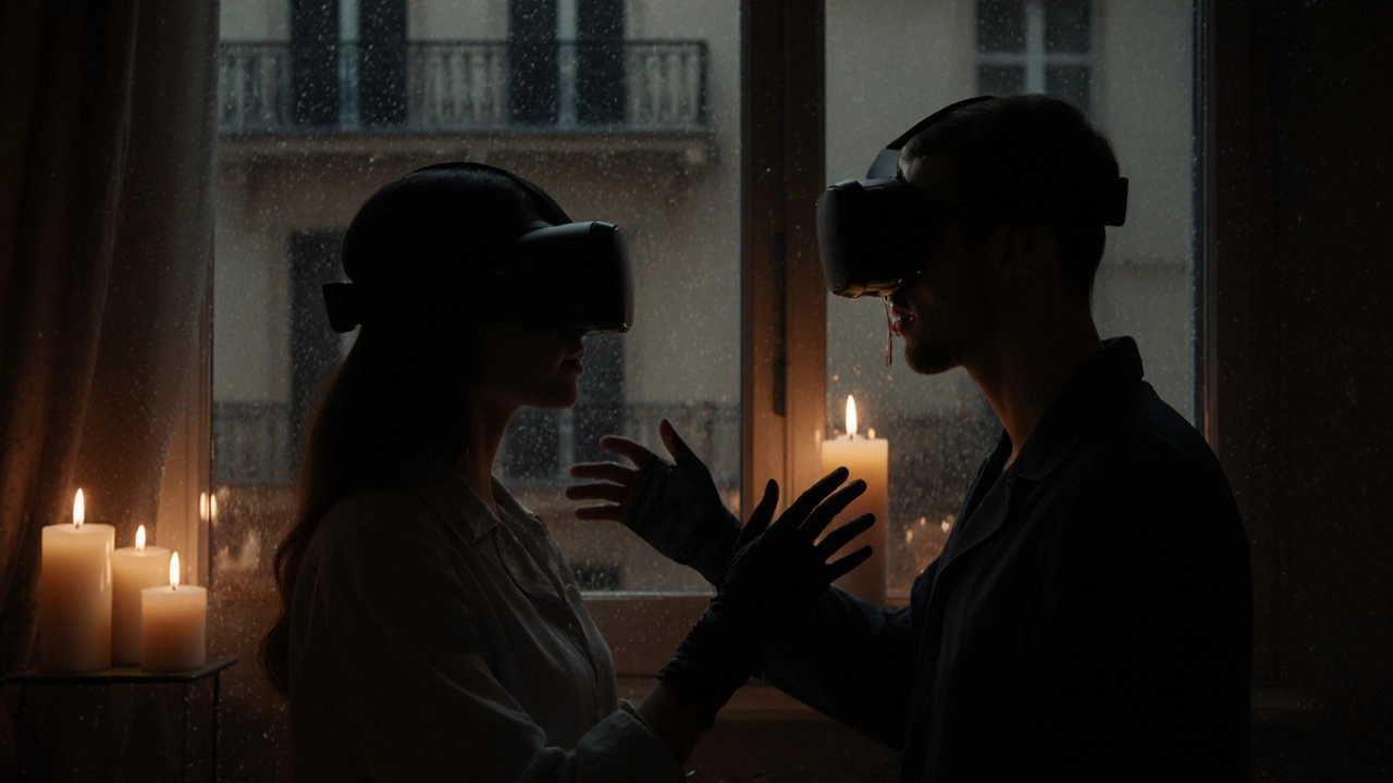 A couple in VR headsets experiencing a simulated romantic evening in a virtual Paris apartment.