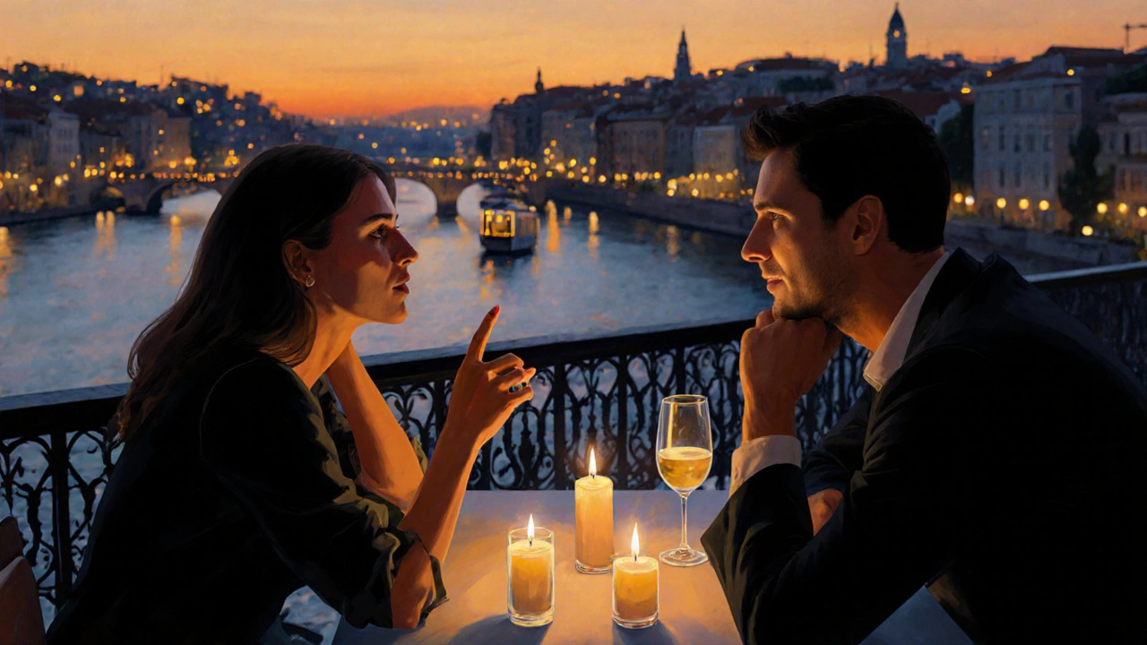 A couple shares a quiet dinner at a Lisbon riverside table at sunset, city lights glowing behind them.