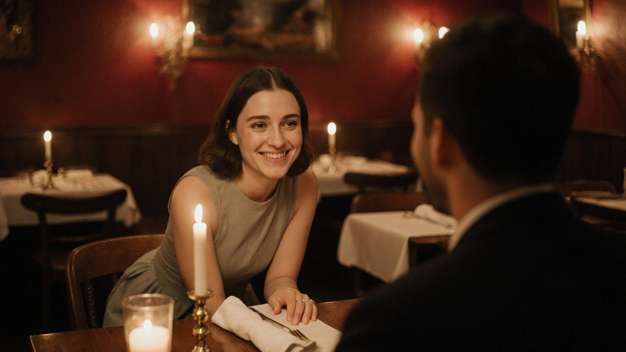 A couple sharing an intimate dinner in a Budapest café, candlelight, warm smiles, quiet connection.