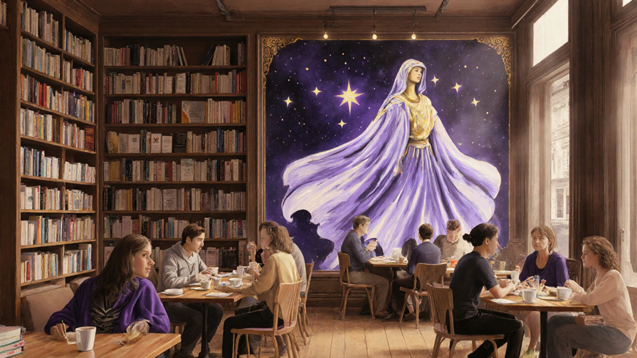 A cozy Paris bookstore filled with gender-diverse books and patrons enjoying coffee.