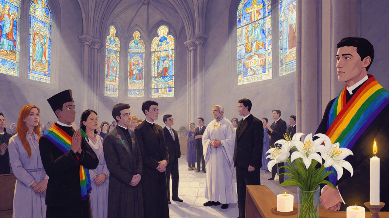 A diverse group gathers for an inclusive Queer Communion service in a softly lit Parisian church.