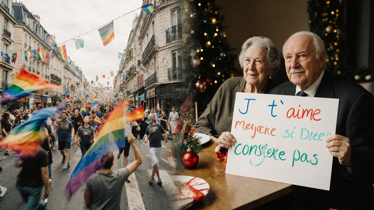 A family dinner scene merges with Pride parade colors, holding a heartfelt sign of acceptance.