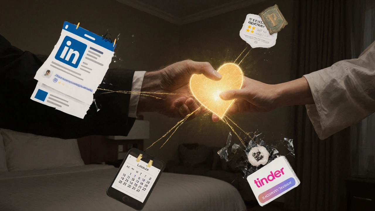 A golden thread connects a man&#039;s heart to a woman&#039;s hand, symbolizing genuine connection beyond transaction.