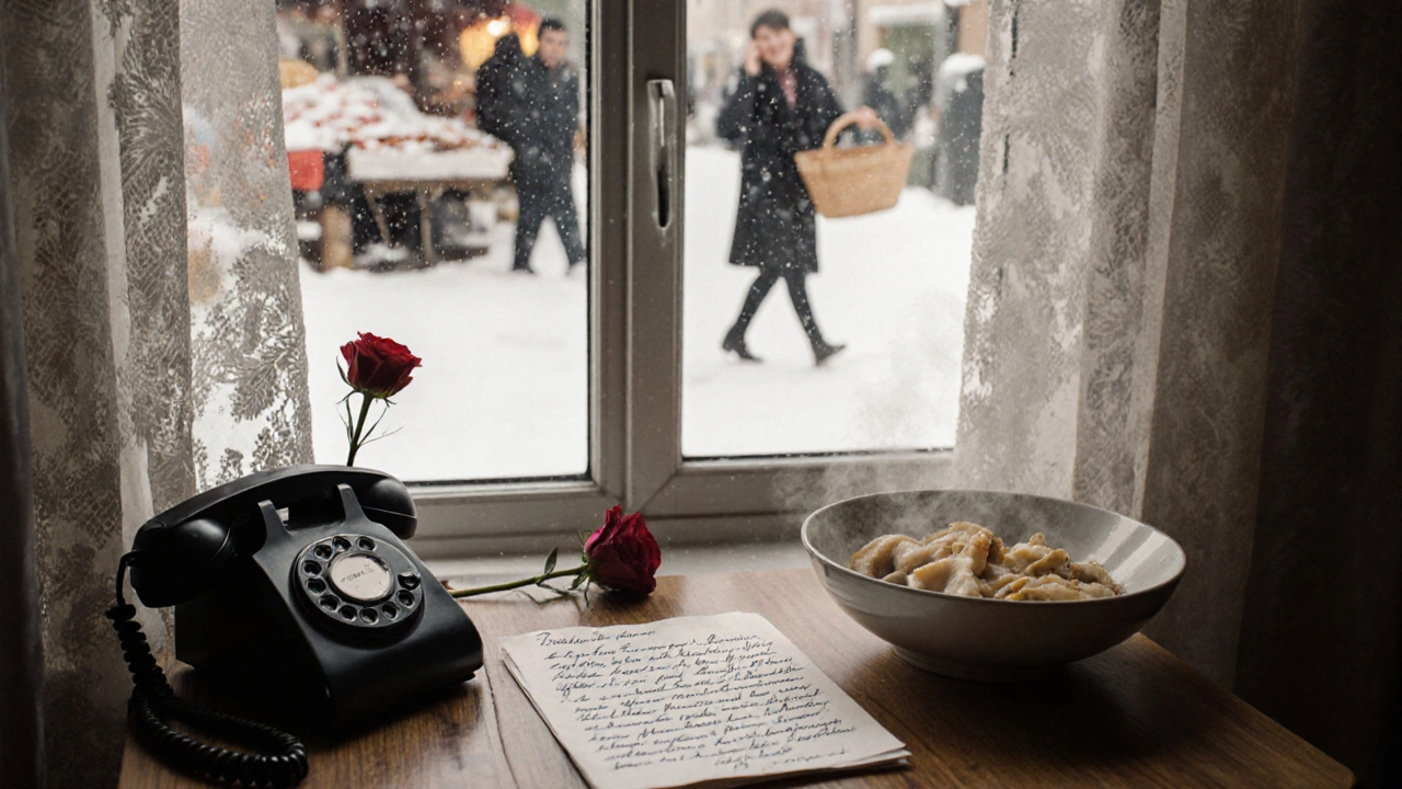 A handwritten letter and bowl of dumplings on a table with a rose and phone, snow outside, no faces shown.
