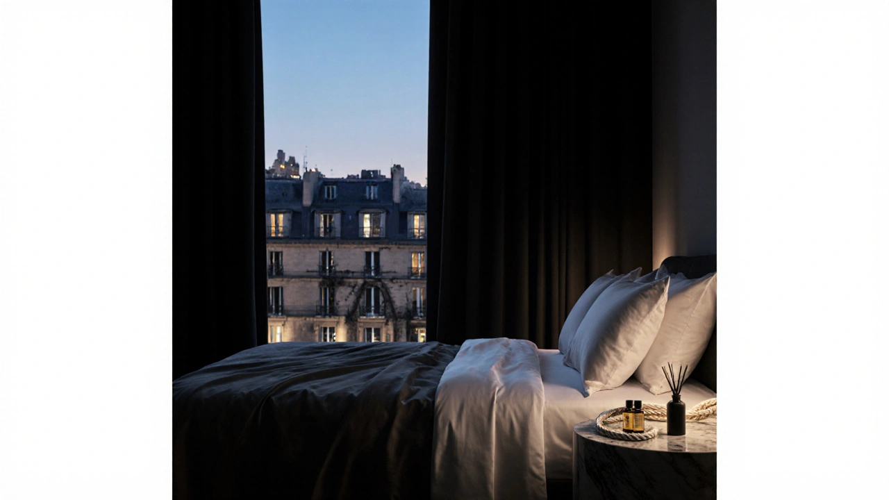 A luxurious hotel room with subtle fetish amenities, bathed in twilight glow, exuding privacy and refined elegance.