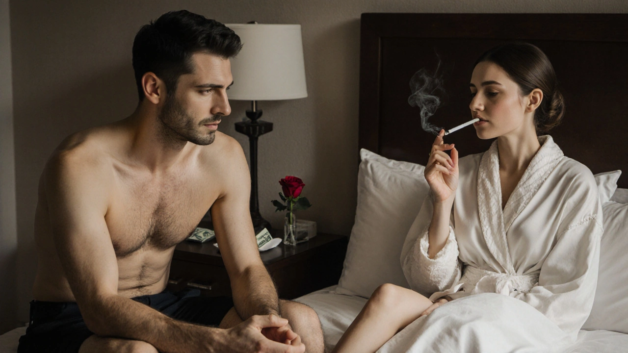 A man and woman in a hotel room after a session, sharing a quiet moment with a cigarette and a folded bill on the nightstand.