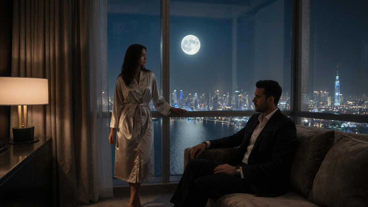 A man and woman in a luxury suite overlooking the Arabian Gulf, moonlight reflecting off silk and velvet.