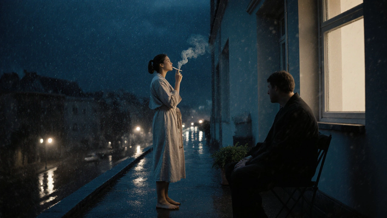 A man and woman on a rainy Riga balcony at night, silent, smoking, city lights glowing below.