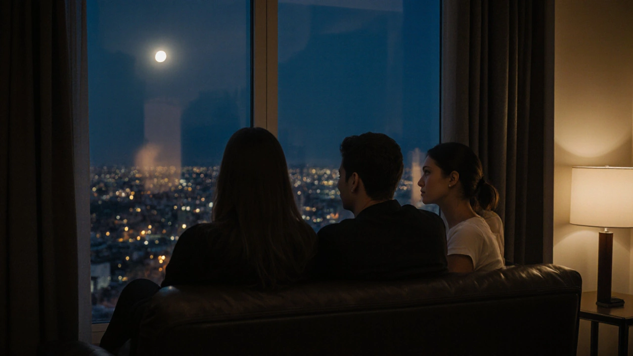 A man and woman sit in silent intimacy on a rooftop suite overlooking Milan at night.