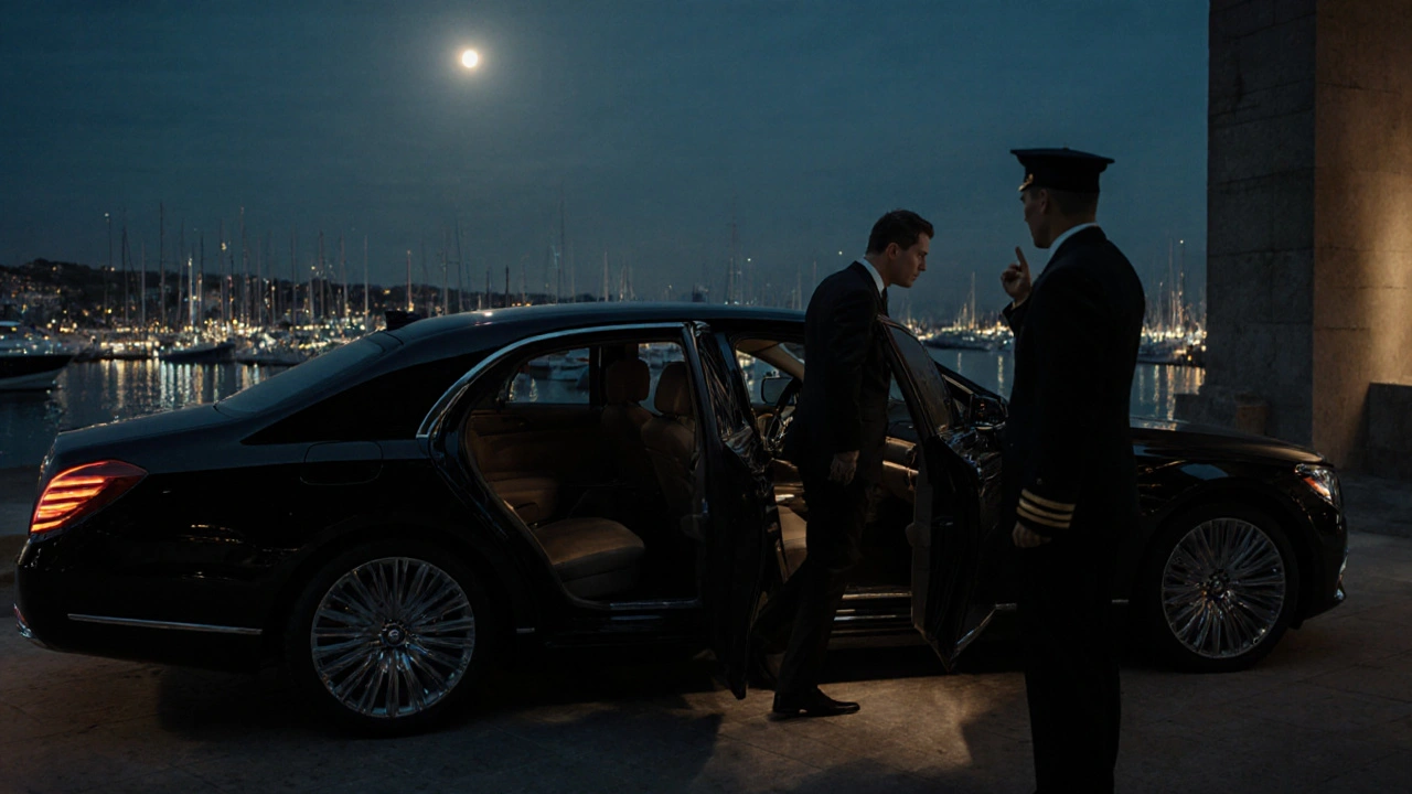A man in a black suit arriving at Le Palace&#039;s back entrance at night, a host waiting in shadows.