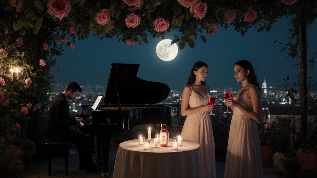 A moonlit rooftop garden with candlelight, roses, and three mysterious women standing silently around a piano at night.