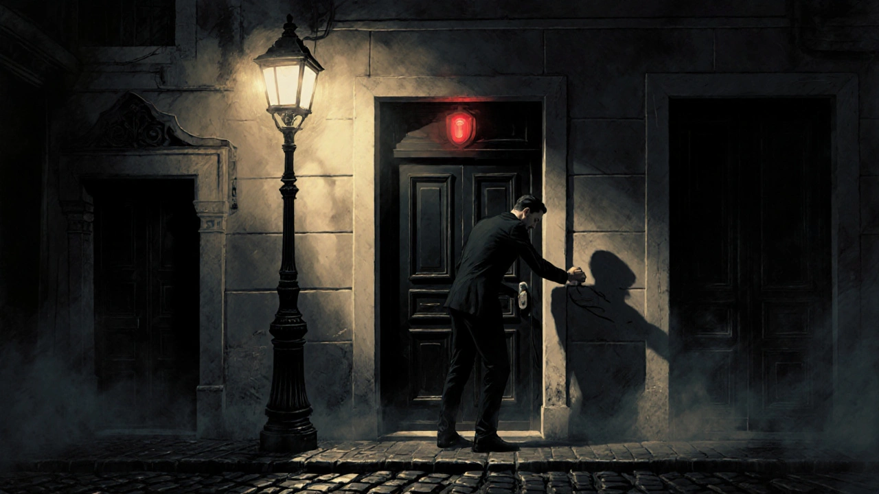 A mysterious black door with a red light in a quiet Milan alley, a man about to knock.