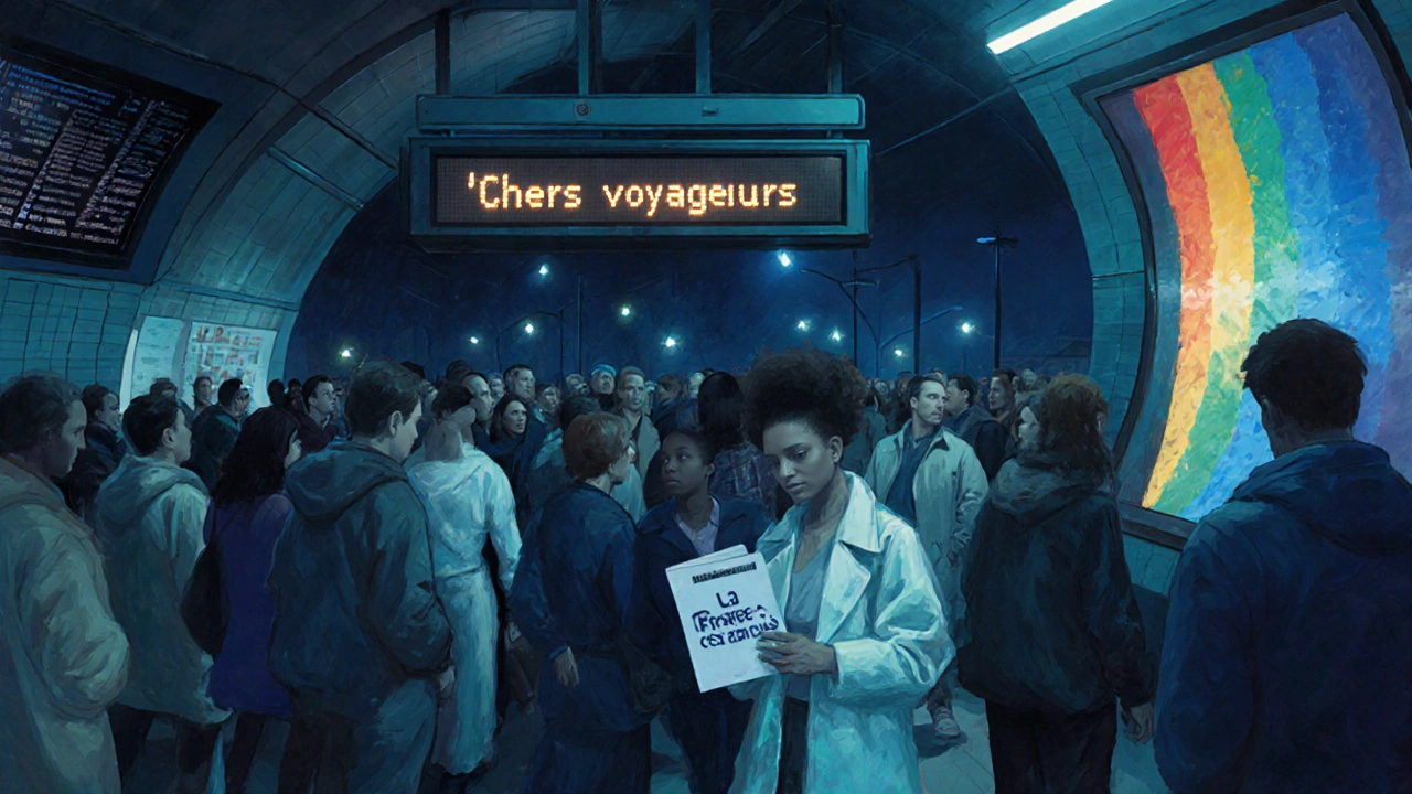 A Paris Metro at night with inclusive announcements and a subtle rainbow projection on the wall.