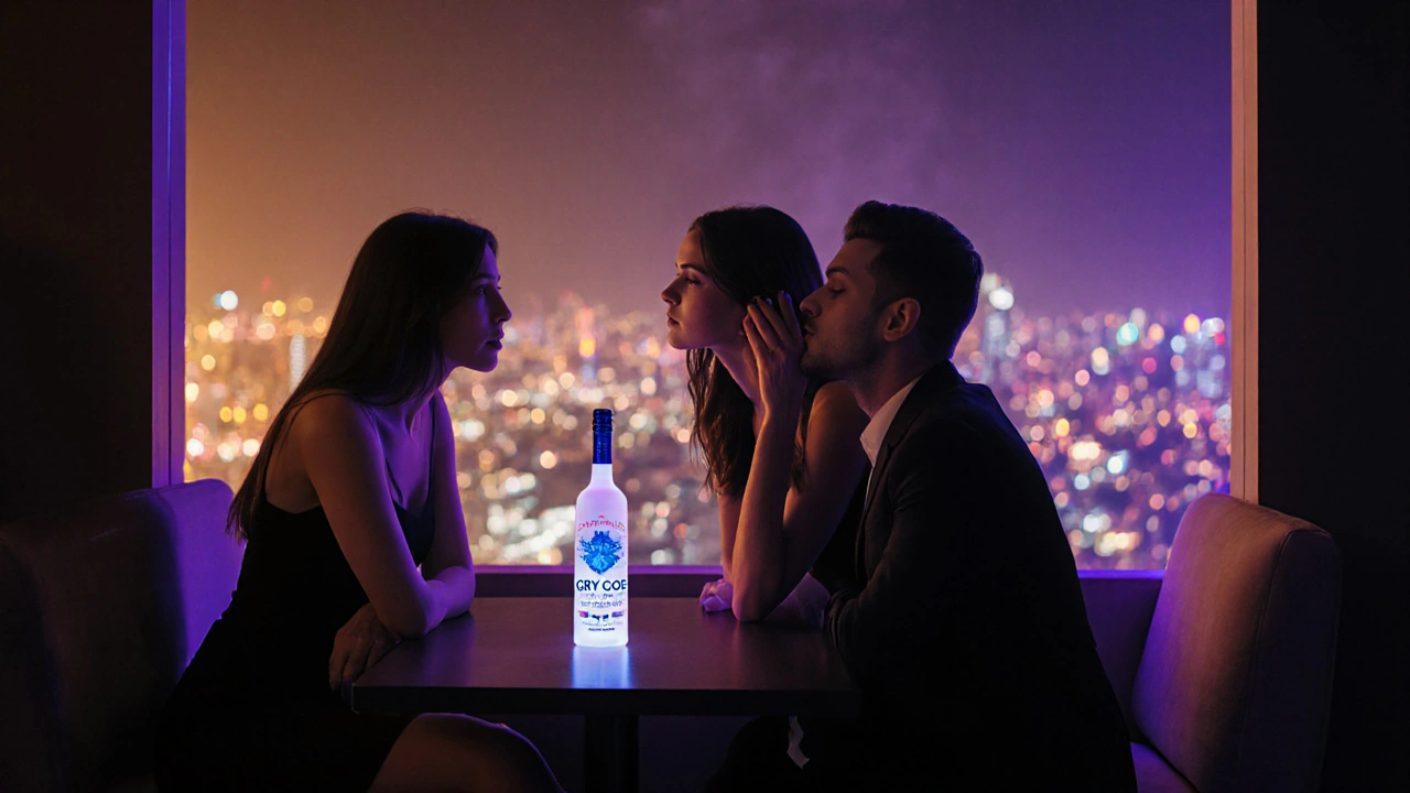 A private rooftop booth at Yas Viceroy with a bottle of vodka and two women in black dresses, city lights glowing behind them.