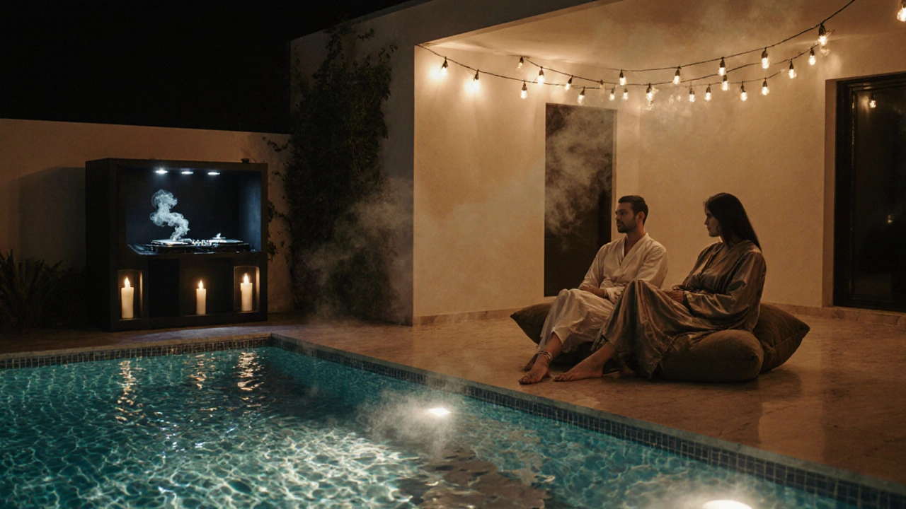 A private villa pool lit by underwater LEDs, figures lounging in silk robes under soft string lights at night.