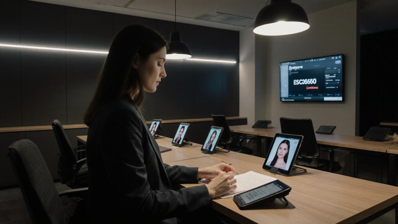 A professional agency office with digital screens displaying verified escort profiles and booking confirmations.