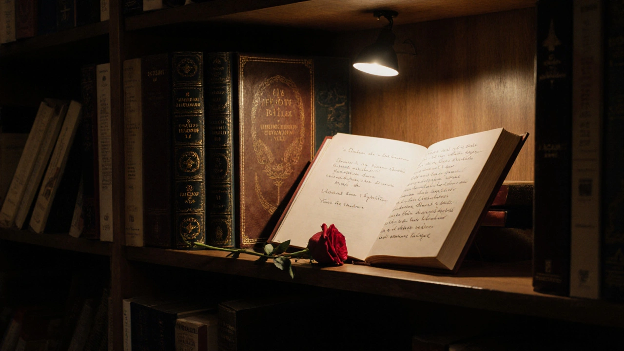 A quiet bookstore shelf with books on desire and a single rose resting beside an open journal.