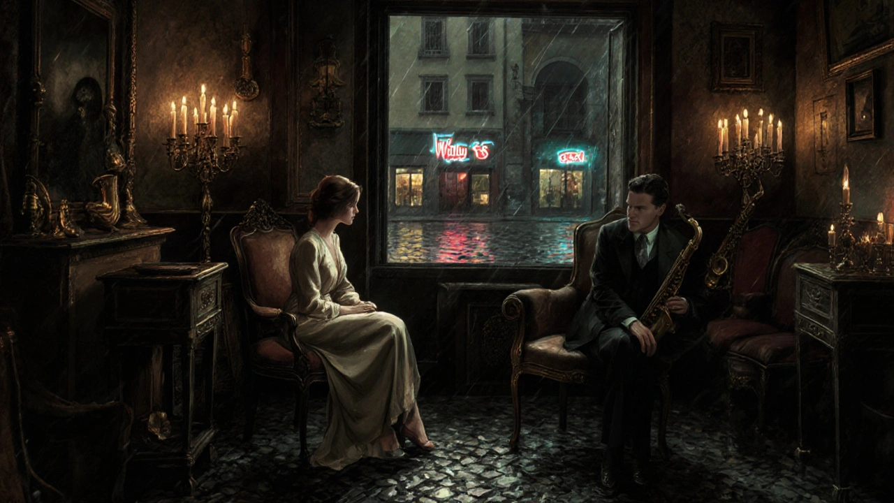 A quiet speakeasy lounge with a woman placing her hand on a man&#039;s knee in soft candlelight.