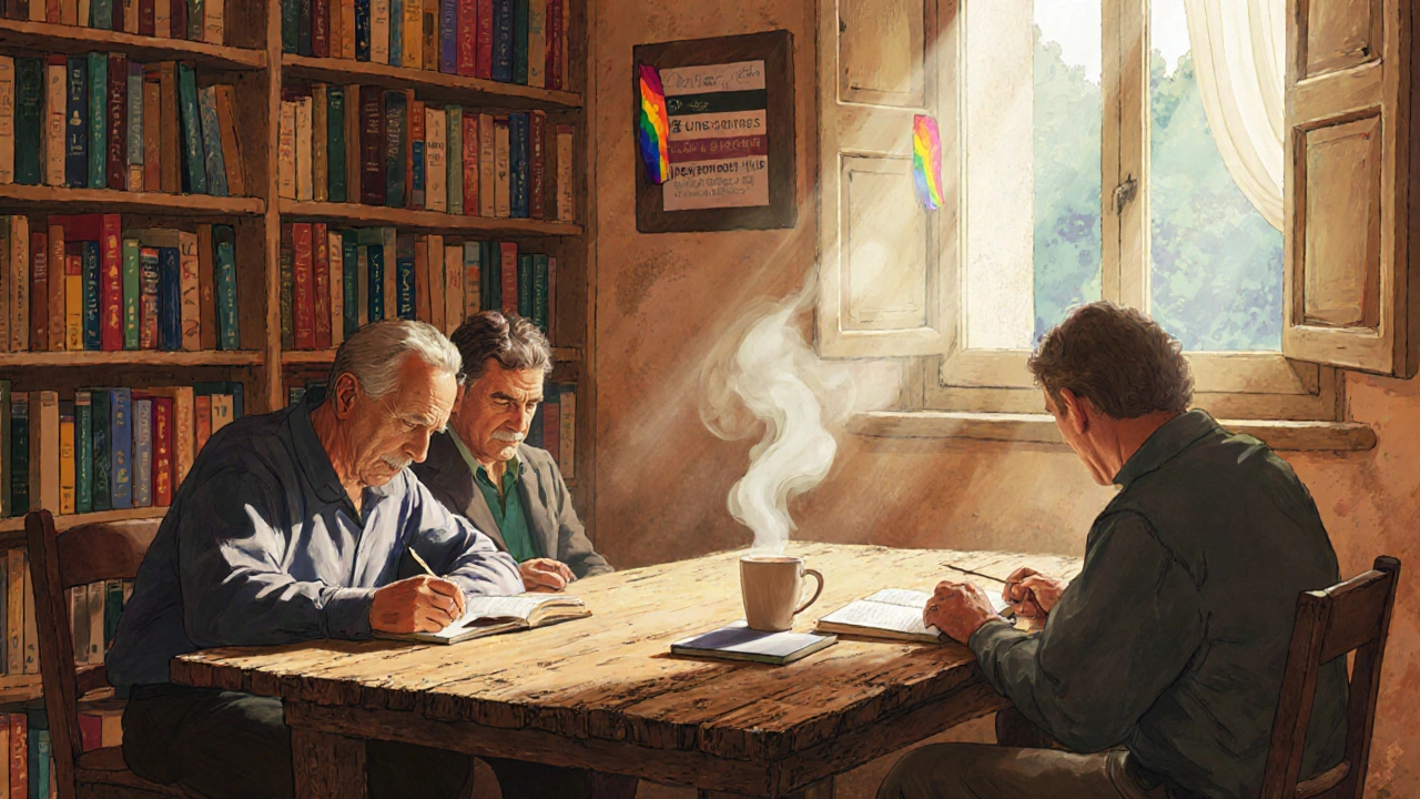 A rural French library shelf with LGBTQ+ books, sunlight on a wooden table where locals read quietly together.