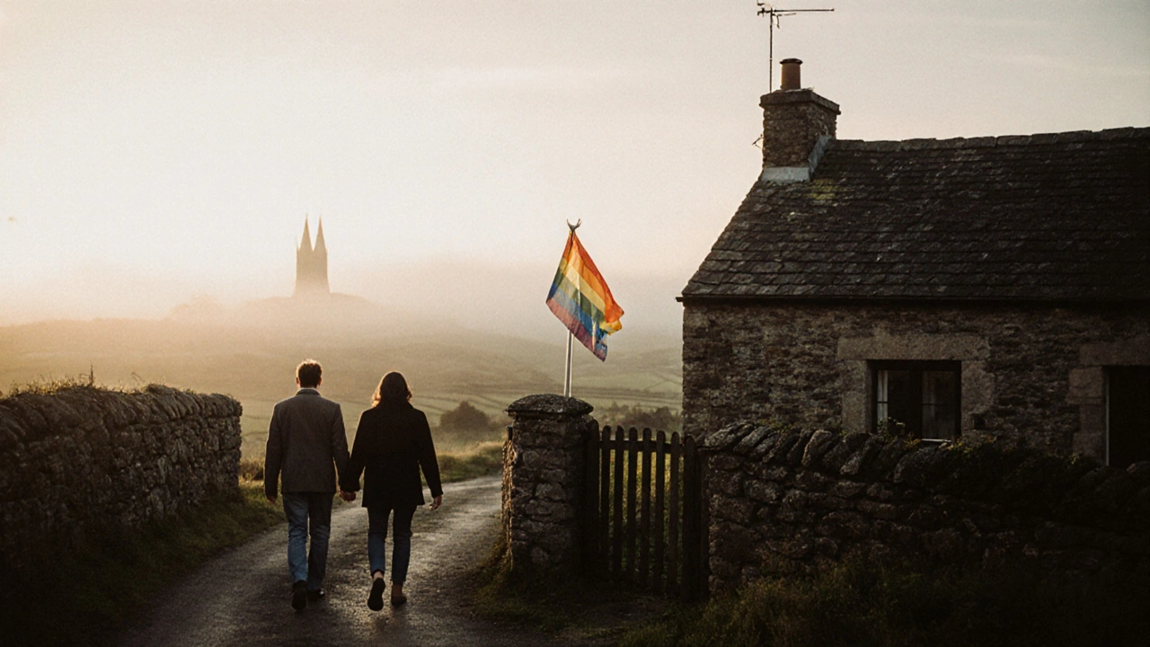 A same-sex couple walks hand-in-hand past a farmhouse in rural Brittany, a single rainbow flag visible at the garden gate.