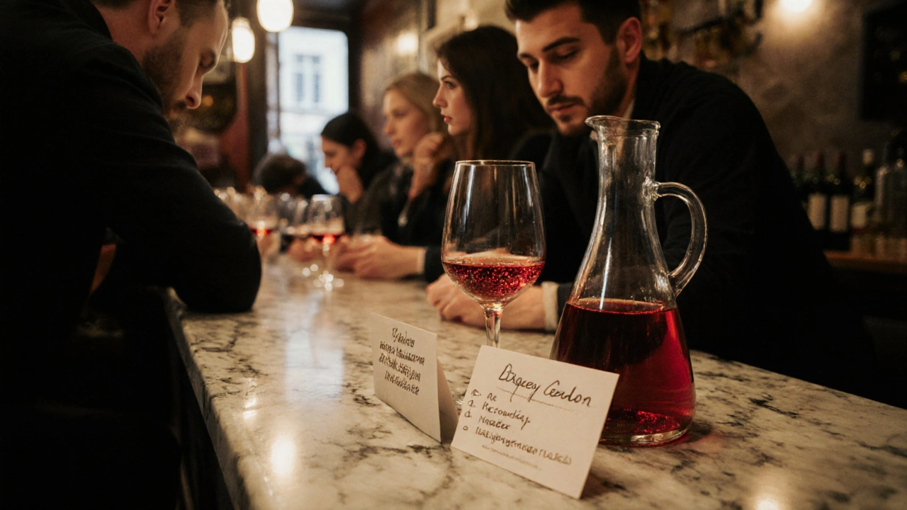 A small wine bar with handwritten wine cards and a sommelier pouring natural Pinot Noir.